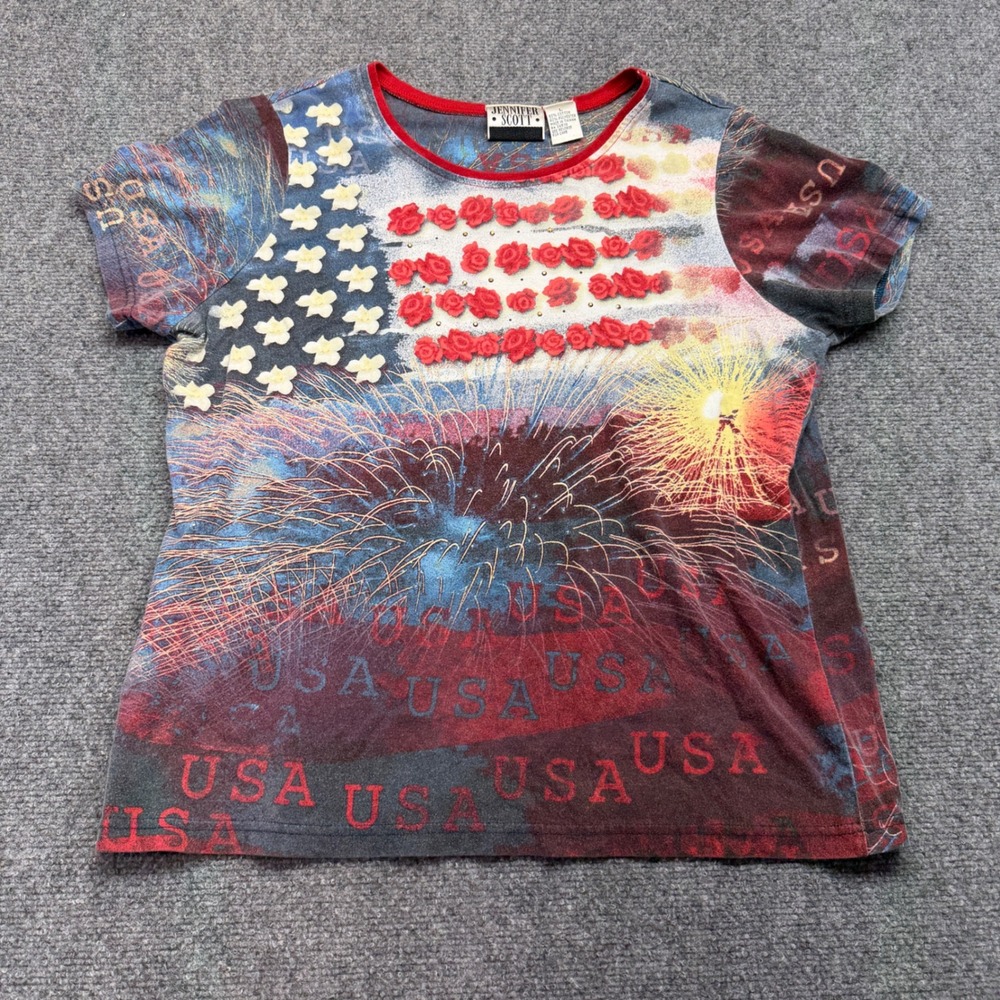 Jennifer Scott USA American Flag Fireworks T-Shirt Womens Large Red Blue Floral